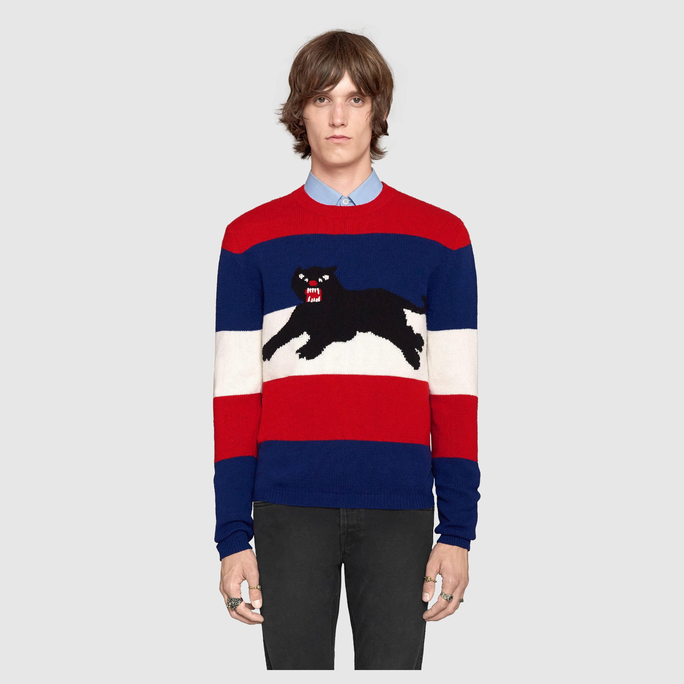 Gucci Wool Sweater With Jacquard Panther in Blue for Men | Lyst